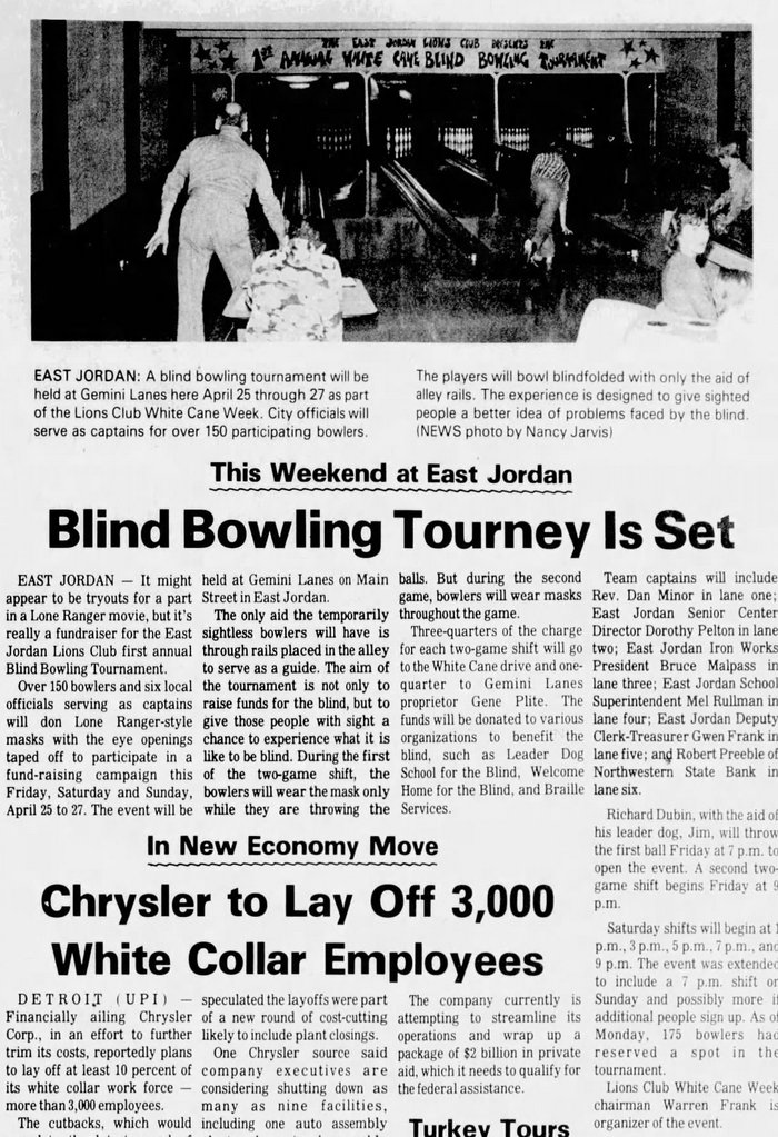 Gemini Lanes (Teen Zone, East Jordan Recreation, The Zone Sports Lounge) - Apr 22 1980 Article (newer photo)